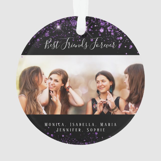 Black purple best friends forever glitter photo ornament (Back)
