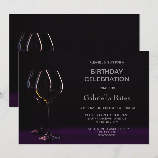 Black Purple Birthday Wine Glass Party Invitation (Front/Back)