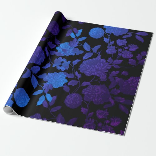 Black Purple Blue Ombre Modern Vintage Floral Wrapping Paper