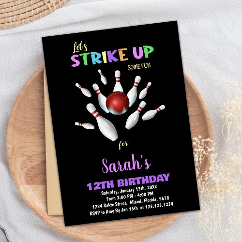 Black Purple Bowling Birthday Invitations