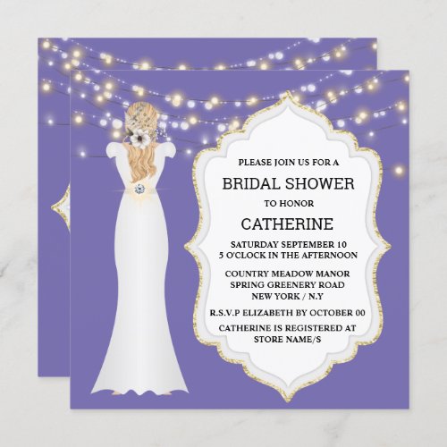 Black purple bride wedding dress string lights invitation