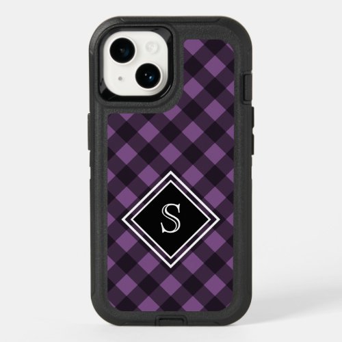 Black Purple Buffalo Check Custom Monogram OtterBox iPhone 14 Case