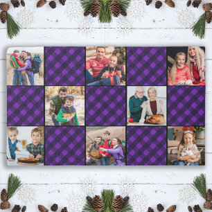 Black Purple Buffalo Plaid Custom 8 Photo Holiday Outdoor Rug