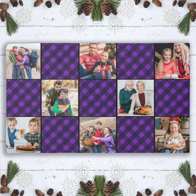 Black Purple Buffalo Plaid Custom 8 Photo Holiday Outdoor Rug (Creator Uploaded)