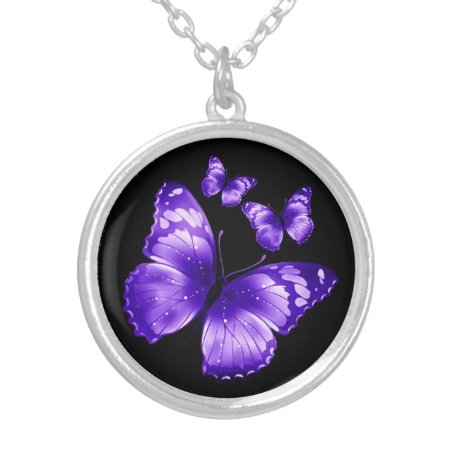 Black & Purple Butterfly Silver Plated Necklace (Front)