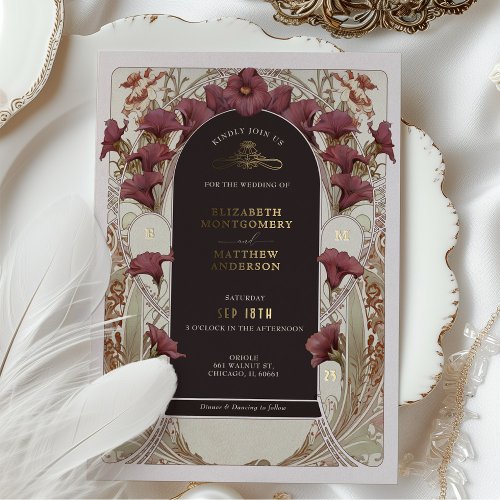 Black Purple Calla Lily Wedding Art Nouveau Mucha Foil Invitation