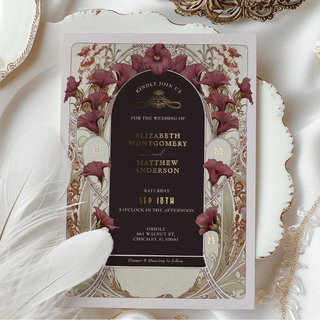 Black Purple Calla Lily Wedding Art Nouveau Mucha Foil Invitation (Creator Uploaded)