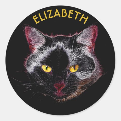 Black Purple Cat Drawing With Yellow Eyes Classic Round Sticker