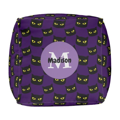 Black purple cat eyes Halloween pattern Monogram Pouf