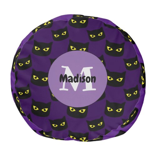 Black purple cat eyes Halloween pattern Monogram Pouf