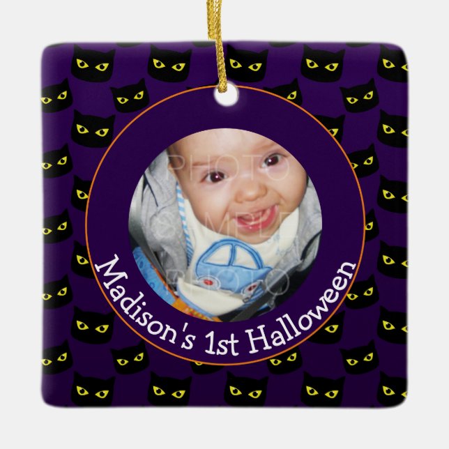 Black purple cat pattern 1st Halloween baby photo Ceramic Ornament (Front)