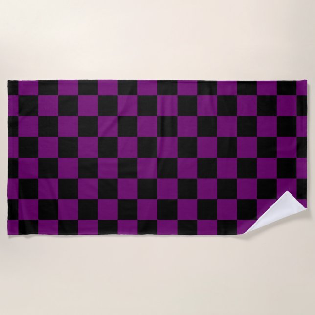 Black Purple Check Checkered Checkerboard Pattern Beach Towel (Front)