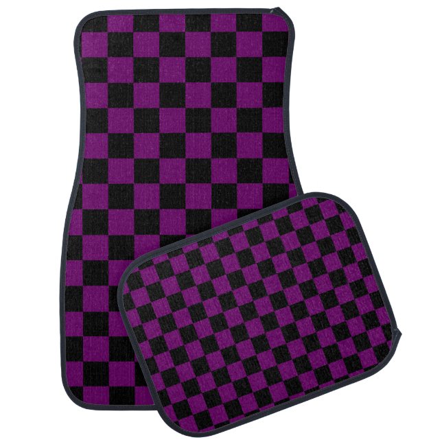 Black Purple Check Checkered Checkerboard Pattern Car Floor Mat (Set)
