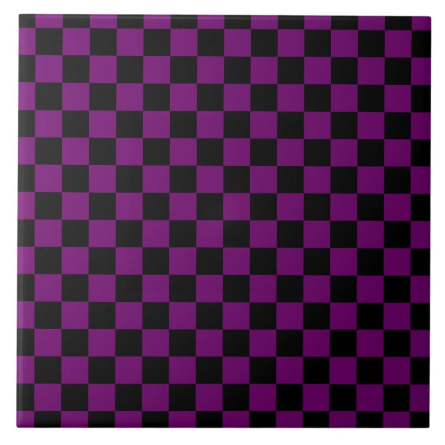 Black Purple Check Checkered Checkerboard Pattern Ceramic Tile (Front)