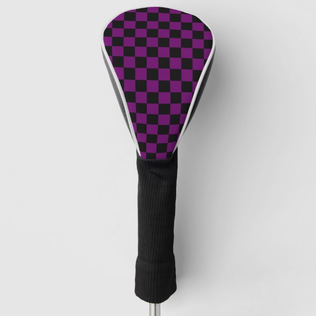 Black Purple Check Checkered Checkerboard Pattern Golf Head Cover (Front)