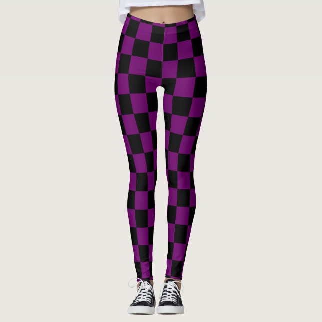 Black Purple Check Checkered Checkerboard Pattern Leggings (Front)