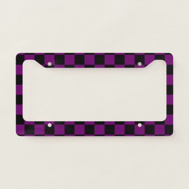 Black Purple Check Checkered Checkerboard Pattern License Plate Frame (Front)