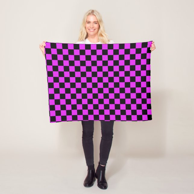 Black Purple Checkered  Plaid Pattern  Fleece Blanket (In Situ)
