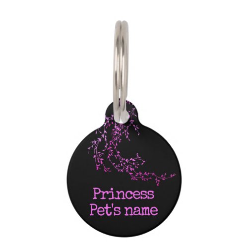 Black Purple Chic Princess Elegant Girly Flowers Pet ID Tag