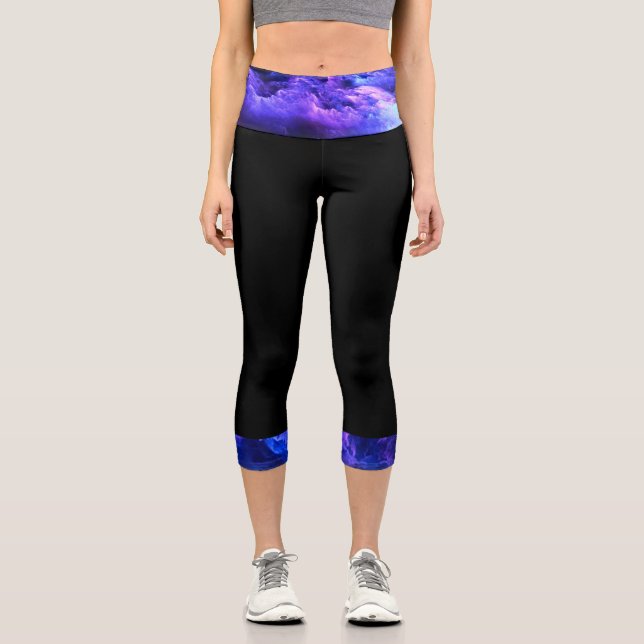 Black & Purple Clouds Pattern Capri Leggings (Front)