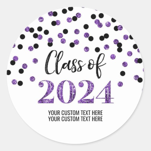 Black Purple Confetti Graduation 2024 Classic Round Sticker