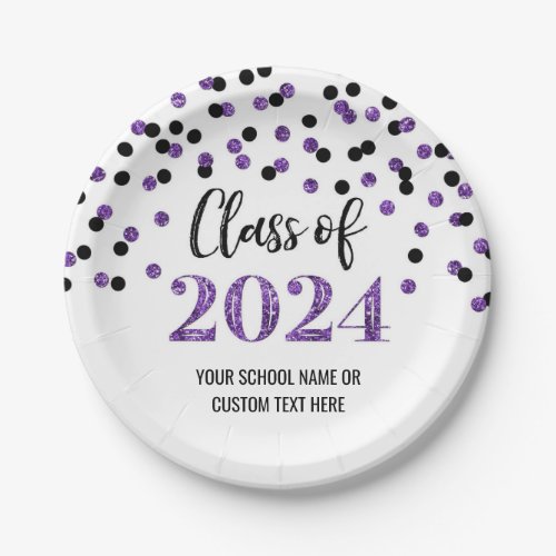 Black Purple Confetti Graduation 2024 Paper Plates