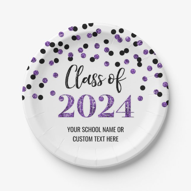 Black Purple Confetti Graduation 2024 Paper Plates (Front)