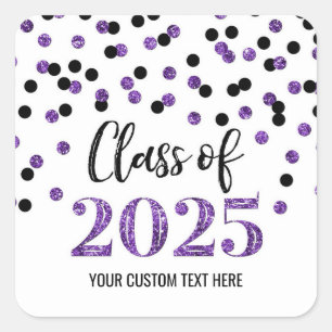 Black Purple Confetti Graduation 2025 Square Sticker