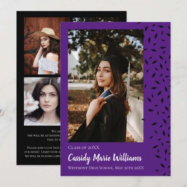 Black Purple Confetti Graduation Announcement (Front/Back)