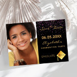 Black purple confetti Graduation Party Save The Date<br><div class="desc">A photo Save the date card for a graduation party. On front: Add your own vertical size photo of the graduate. A chic black background color and purple confetti sprinkle. Templates for a name and date. Golden letters. The name and the text: Save the Date are written with a modern...</div>