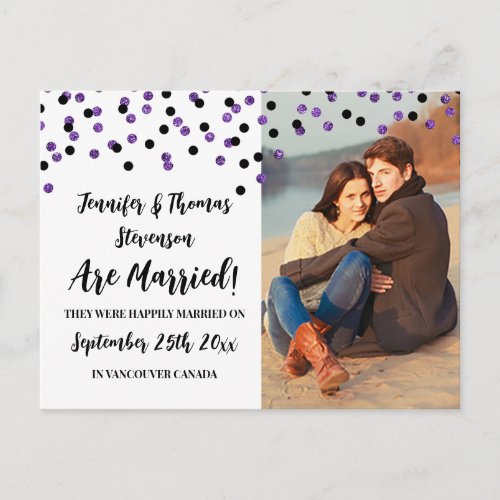 Black Purple Confetti Photo Marriage Announcement