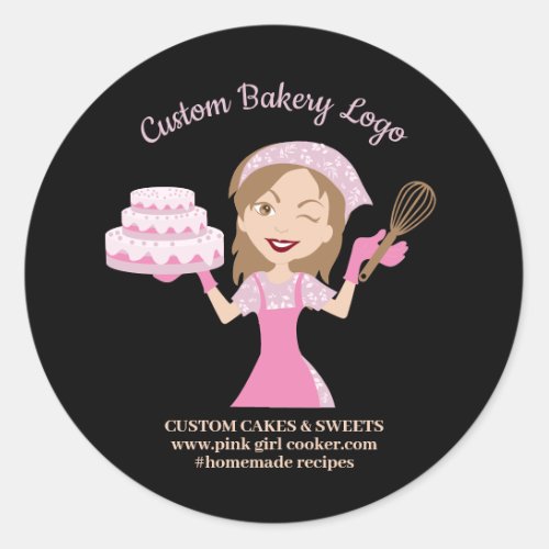 Black Purple Cooker Lady Cake Decorator Bakery Classic Round Sticker