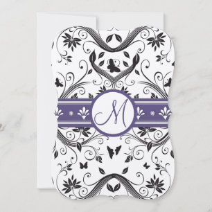Black & Purple Damask Butterfly Wedding Invitation