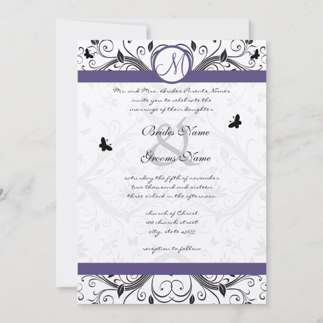 Black & Purple Damask Butterfly Wedding Invitation (Back)