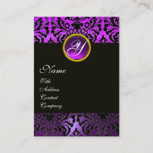 BLACK PURPLE DAMASK FLORAL MONOGRAM,Amethyst Business Card