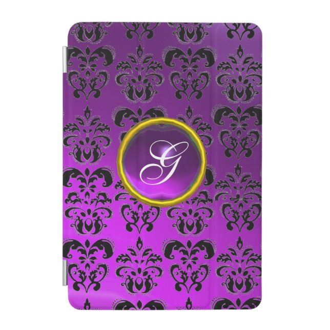 BLACK PURPLE DAMASK GEM MONOGRAM iPad MINI COVER (Front)