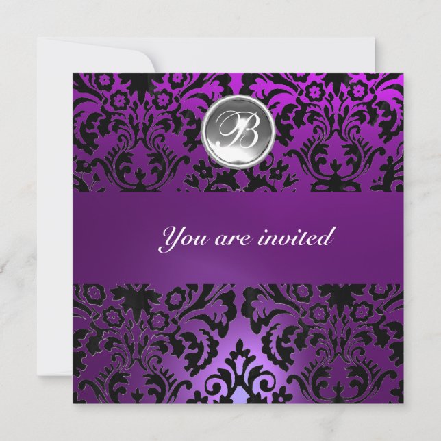 BLACK & PURPLE DAMASK GEM STONE MONOGRAM  ice Invitation (Front)