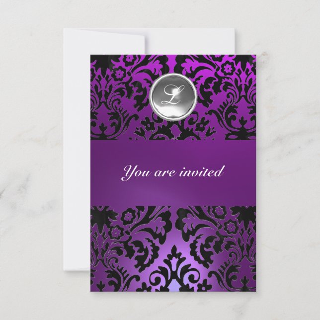 BLACK & PURPLE DAMASK GEM STONE MONOGRAM  ice Invitation (Front)