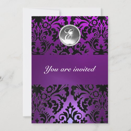 BLACK  PURPLE DAMASK GEM STONE MONOGRAM  ice Invitation