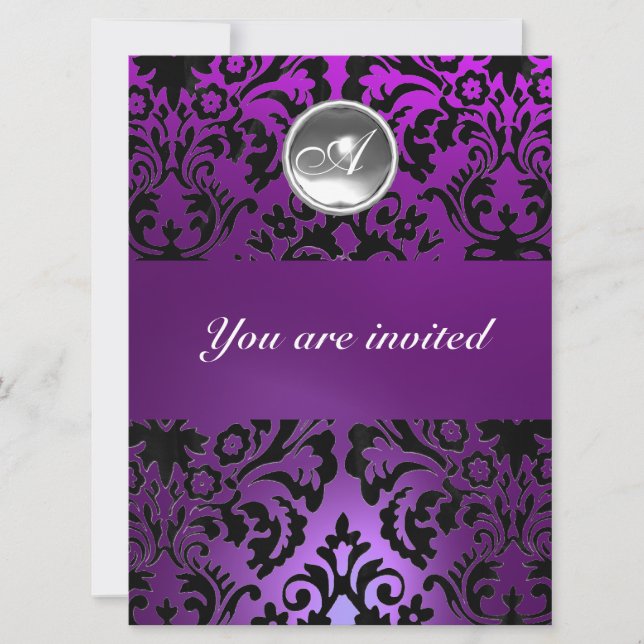 BLACK & PURPLE DAMASK GEM STONE MONOGRAM  ice Invitation (Front)