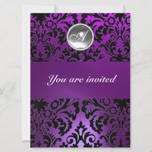 BLACK & PURPLE DAMASK GEM STONE MONOGRAM  ice Invitation