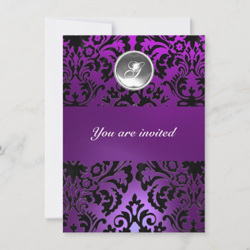 BLACK  PURPLE DAMASK GEM STONE MONOGRAM  ice Invitation