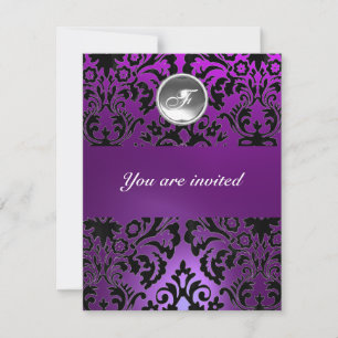 BLACK & PURPLE DAMASK GEM STONE MONOGRAM  ice Invitation