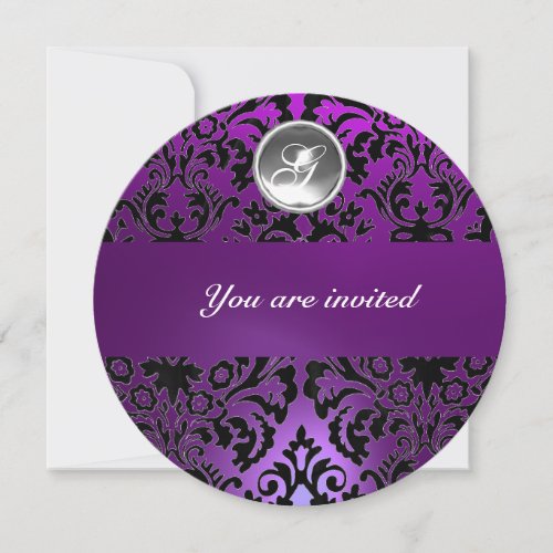 BLACK  PURPLE DAMASK GEM STONE MONOGRAM INVITATION