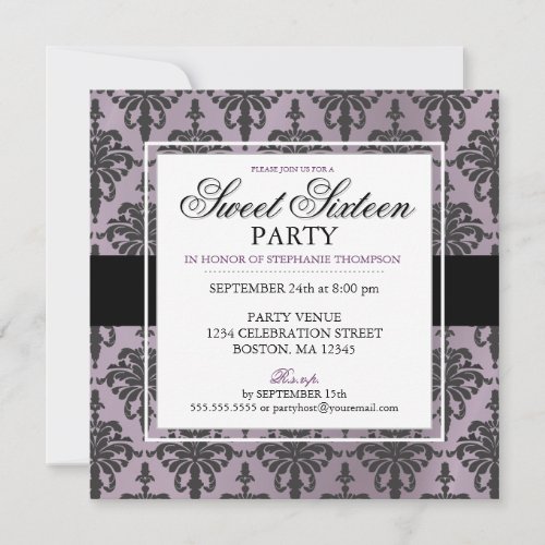 Black Purple Damask Sweet 16 Party Invitations