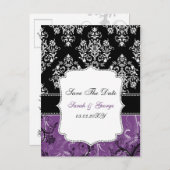 Black Purple damask wedding Announcement Postcard (Front/Back)