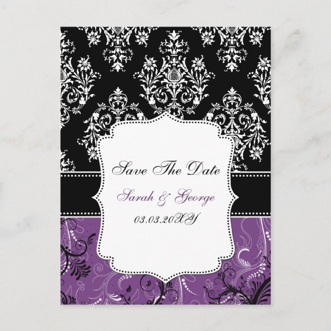 Black Purple damask wedding Announcement Postcard (Front)