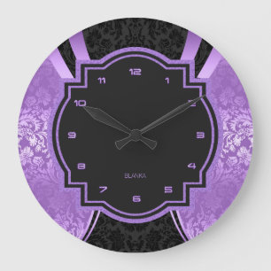 Black & Purple Damasks Geometric Design Large Clock