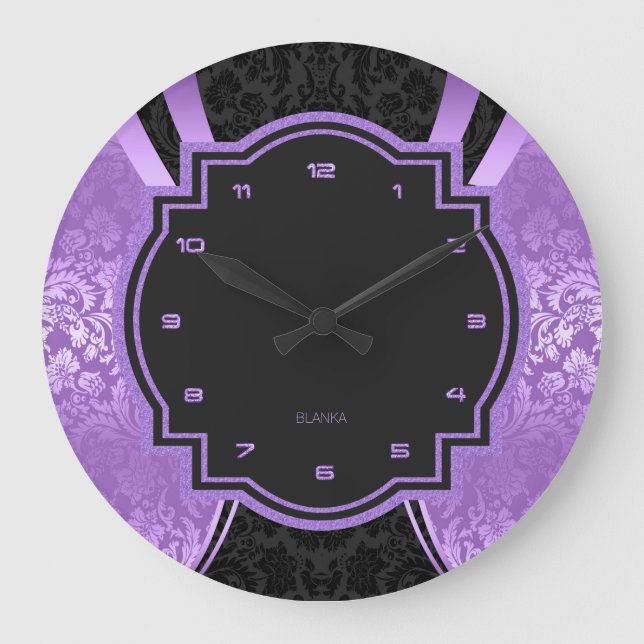 Black & Purple Damasks Geometric Design Large Clock (Front)