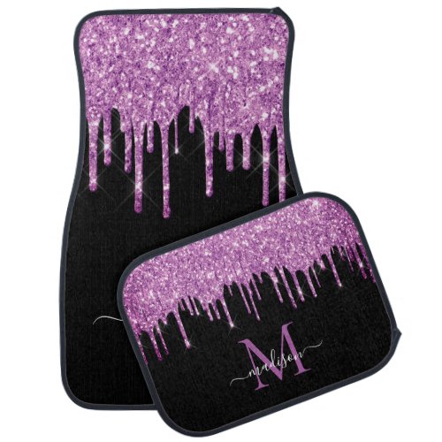 Black Purple Dripping Glitter Sparkle Monogram Car Floor Mat